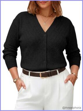 Plus Size Long Sleeve Open Front Button Cable Knit Cardigan Sweater
